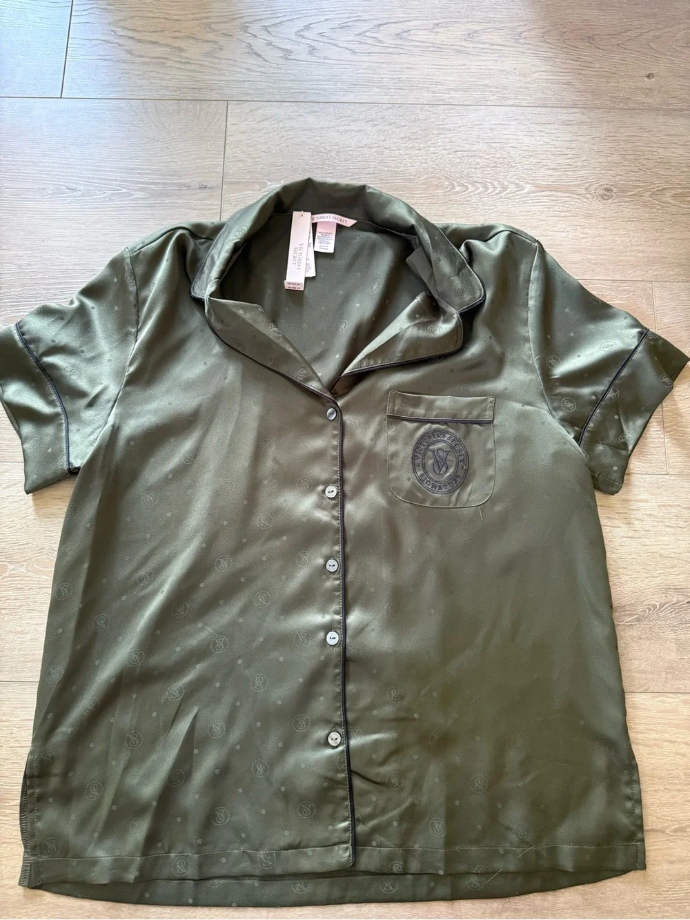 Victoria's Secret Olive Satin Pajama Set with Embroidered Pocket